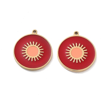 Ion Plating(IP) 304 Stainless Steel Pendants, with Enamel, Flat Round Charm, Golden, FireBrick, 17x15x1.5mm, Hole: 1mm