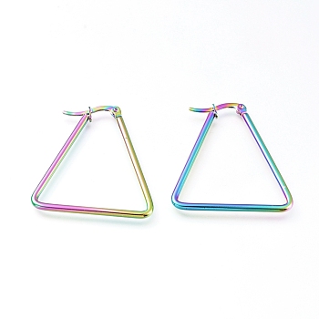 201 Stainless Steel Angular Hoop Earrings, with 304 Stainless Steel Pin, Hypoallergenic Earrings, Triangle, Rainbow Color, 38x33x2mm, 12 Gauge, Pin: 0.8mm