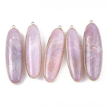 Natural Agate Big Pendants, with Brass Findings, Dyed, Oval, Golden, Flamingo, 73~74x20~22x12~16mm, Hole: 2mm