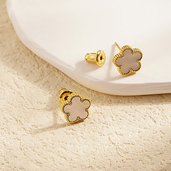 Golden 304 Stainless Steel Flower Stud Earrings with Natural Shell, Light Grey, 9mm