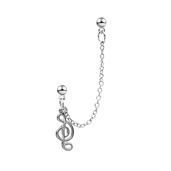 Musical Note Alloy Dangle Stud Earrings, Dangle Chains Double Piercing Earrings, Platinum, 65mm