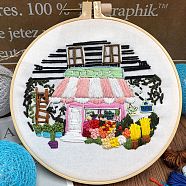 DIY Flower Shop Pattern Embroidery Starter Kit, Cross Stitch Kit Including Imitation Bamboo Frame, Carbon Steel Pins, Cloth and Colorful Threads, Colorful, 177x164x8.5mm, Inner Diameter: 144mm(DIY-C038-05)