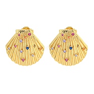 Rack Plating Brass Micro Pave Cubic Zirconia Stud Earring, Cadmium Free & Lead Free, Long-Lasting Plated, Shell Shape, Colorful, Real 18K Gold Plated, 20x21mm(X-EJEW-C102-35G-02)