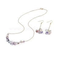Natural Fluorite Chips Beaded Jewelry Set, Gemstone Pendant Necklace & Cluster Dangle Earrings with 304 Stainless Steel Cable Chains for Women, Golden, 60mm, Pin: 0.6mm, 19 inch(48.5cm)(SJEW-JS01230-02)