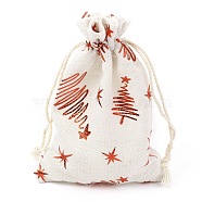 Christmas Theme Cotton Fabric Cloth Bag, Drawstring Bags, for Christmas Party Snack Gift Ornaments, Christmas Tree Pattern, 14x10cm(ABAG-H104-B19)