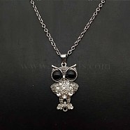 Alloy Jet Rhinestone Cute Creative Owl Pendant Necklaces for Women, Platinum(OA8083)