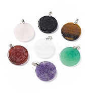 Natural Mixed Gemstone Pendants, Flat Round Charms with Chakra Theme Pattern, with Rack Plating Platinum Tone Brass Findings, Cadmium Free & Lead Free, 30x4~8mm, Hole: 4x4mm(G-P491-04P)