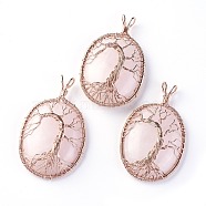 Natural Rose Quartz Big Pendants, with Rose Gold Tone Brass Findings, Oval with Tree of Life, 56~58.5x35~36x12~13.8mm, Hole: 4.2~5.2x4.6~6mm(G-G771-C03)