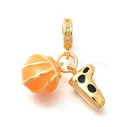 Brass Enamel Sport European Dangle Charms, Large Hole Pendants, Real 18K Gold Plated, Basketball, 25.5mm, Hole: 5mm, ball: 14x11mm(KK-U048-03G-03)