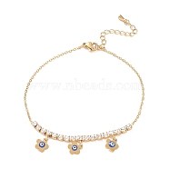 Enamel Evil Eye Flower Charm Anklet with Rhinestone Chains, Ion Plating(IP) 304 Stainless Steel Jewelry for Women, Golden, 10-1/2 inch(26.8cm)(AJEW-A046-01G)