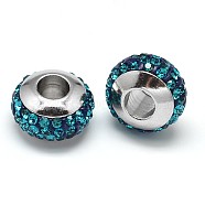Rondelle 304 Stainless Steel Polymer Clay Rhinestone European Beads, with Double Side Platinum Color Core, Stainless Steel Color, Blue Zircon, 10x6mm, Hole: 4mm(GPDL-P003-07)