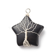 Natural Obsidian Pendants, with Silver Tone Copper Wire Wrapped, Star with Tree, 36x30x12mm, Hole: 3.5mm(PALLOY-JF01635-04)