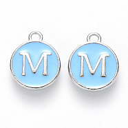 Platinum Plated Alloy Enamel Charms, Cadmium Free & Lead Free, Enamelled Sequins, Flat Round with Letter, Sky Blue, Letter.M, 14x12x2mm, Hole: 1.5mm(ENAM-S118-04M-P)
