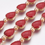 Opaque Glass Beads Strands, Faceted, with Golden Tone Brass Edge, Teardrop & Round, Red, 18x12.5~13x7~7.5mm, Hole: 1mm, about 10pcs/strand, 9 inch(23cm)(EGLA-P044-A05)