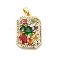 Brass Micro Pave Clear Cubic Zirconia Pendants, with Faceted Glass, Rectangle with Flower Heart Charm, Real 18K Gold Plated, Colorful, 21.5x14.5x4.5mm, Hole: 5x2.5mm(KK-I695-050G)