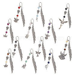 Feather Bookmarks, Gemstone Round Bead Bookmark, Tibetan Style Alloy Pendant Bookmarks, Angel/Fairy/Elf, Antique Silver, 176~213mm, 12 style, 1pc/style, 12pcs/set(AJEW-AB00043)