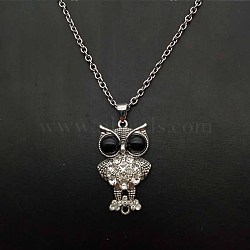 Alloy Jet Rhinestone Cute Creative Owl Pendant Necklaces for Women, Platinum(OA8083)