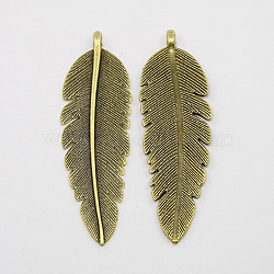 Tibetan Style Alloy Big Pendants, Lead Free and Nickel Free, Feather, Antique Bronze, 56x17.5x4mm, Hole: 1mm(X-TIBEP-A123194-AB-FF)