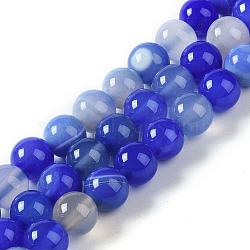 Natural Striped Agate/Banded Agate Beads Strands, Dyed, Round, Medium Blue, 8mm, Hole: 1.2mm, about 24pcs/strand, 7.48''(19cm)(G-Z060-A01-B26)