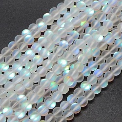 Synthetic Moonstone Beads Strands, Holographic Beads, Half AB Color Plated, Frosted, Round, White, 6mm, Hole: 1mm, about 60pcs/strand, 15 inch(X-G-F142-6mm-01)