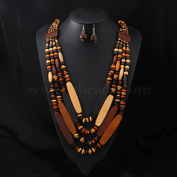 Bohemian Style Wood Beaded Multilayer Necklaces & Dangle Earrings Sets, Oval, Saddle Brown, 800mm(WG93846-05)