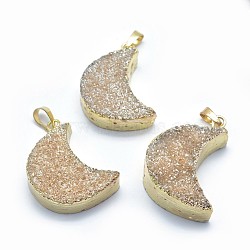 Natural Quartz Pendants, with Golden Tone Brass Findings, Moon, Dyed, Antique White, 38~45x22~25x10~13mm, Hole: 5x8mm(G-P383-08G-03)