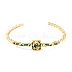 Brass Pave Green Glass Open Cuff Bangles for Women, Real 18K Gold Plated, Square, Inner Diameter: 2-1/4 inch(5.7cm), Square: 10x10mm(BJEW-S147-15G-C)