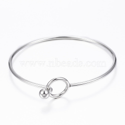 304 Stainless Steel Bangle, End with Immovable Round Beads, Stainless Steel Color, 2-3/8 inch(6~6.5cm)(BJEW-H530-01P)