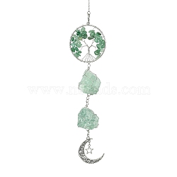 Tree of Life Natural Green Aventurine Pendant Decorations, with Tibetan Style Alloy Pendants and 304 Stainless Steel Cable Chains, 310mm, Pendants: 210x51x26mm(HJEW-JM01855-03)