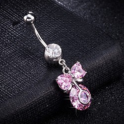 Brass Cubic Zirconia Navel Ring, Belly Rings, with 304 Stainless Steel Bar, Cadmium Free & Lead Free, Bowknot, Lilac, 42mm, Bar: 15 Gauge(1.5mm), Bar Length: 3/8"(10mm)(AJEW-EE0004-39)