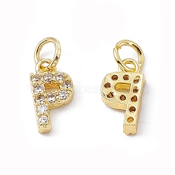 Real 18K Gold Plated Brass Micro Pave Clear Cubic Zirconia Charms, with Jump Ring, Letter.P, 11.5x6x2.5mm, Hole: 3.4mm(KK-E068-VB452-P)