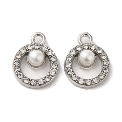 Alloy with Rhinestone Pendants, with ABS Imitation Pearl, Ring Charms, Platinum, 18x14x6mm, Hole: 2mm(FIND-B032-19P)