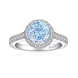 925 Sterling Silver Micro Pave Cubic Zirconia Plain Band Rings, Real Platinum Plated, Flat Round, Blue, US Size 7(17.3mm)(RJEW-P103-01P-F)