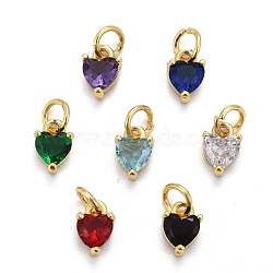 Brass Micro Pave Cubic Zirconia Charms, Long-Lasting Plated, Real 18K Gold Plated, Heart, Mixed Color, 8x5x3.5mm, Hole: 3mm(KK-P192-08)