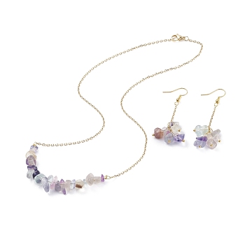 Natural Fluorite Chips Beaded Jewelry Set, Gemstone Pendant Necklace & Cluster Dangle Earrings with 304 Stainless Steel Cable Chains for Women, Golden, 60mm, Pin: 0.6mm, 19 inch(48.5cm)