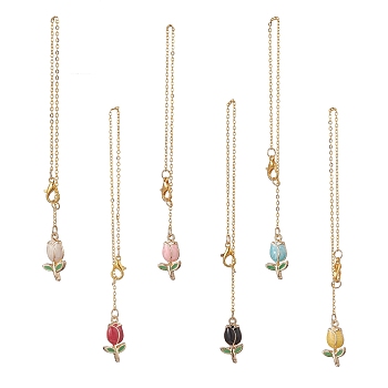 Tulip Alloy Enamel Pendants Wine Glass Charms Sets, with Zinc Alloy Lobster Claw Clasps & Brass Coated Iron Cable Chains, Mixed Color, 200mm, 6pcs/set