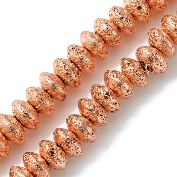 Electroplated Natural Lava Rock Beads Strands, Rondelle, Saucer Beads, Rose Gold Plated, 8.5x4.5mm, Hole: 1.8mm, about 85pcs/strand, 15.59''(39.6cm)