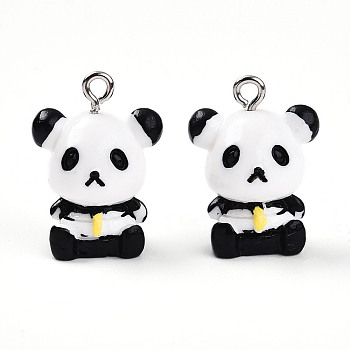 Resin with Iron Pendants, Panda, White, 21~22x16x12mm, Hole: 2mm