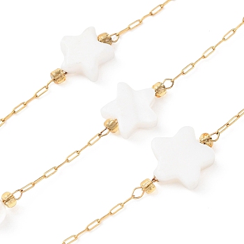 304 Stainless Steel & Natural Shell Star & Round Bead Cable Chains, Ion Plating(IP), Soldered, with Spool, Golden, 11x9x3mm