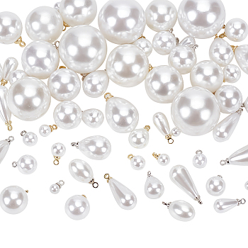 ABS Plastic Imitation Pearls Pendants, with Alloy Loops, Round/Teardrop, Platinum & Light Gold, 7~23.5x4~19.5mm, Hole: 1.2~2mm, 30pcs/bag