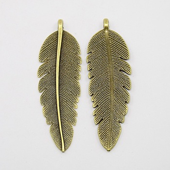 Tibetan Style Alloy Big Pendants, Lead Free and Nickel Free, Feather, Antique Bronze, 56x17.5x4mm, Hole: 1mm