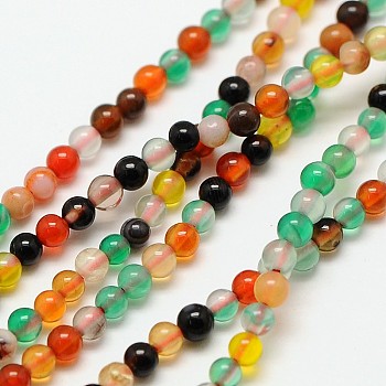 Natural Agate Round Bead Strands, Dyed, Mixed Color, 3mm, Hole: 0.8mm, about 126pcs/strand, 15 inch