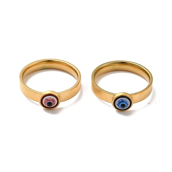 Resin Evil Eye Finger Ring, Golden 304 Stainless Steel Jewelry for Women, Mixed Color, US Size 9(18.9mm)