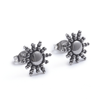 Retro 304 Stainless Steel Stud Earrings, with Ear Nuts, Sun, Antique Silver, 12.5x11mm, Pin: 0.7mm