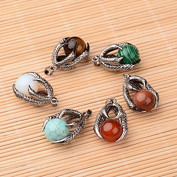 Natural & Synthetic Mixed Stone Pendants, with Antique Silver Plated Brass Findings, Claw with Round Ball, 34.5x23x16mm, Hole: 5x7mm