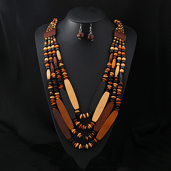 Bohemian Style Wood Beaded Multilayer Necklaces & Dangle Earrings Sets, Oval, Saddle Brown, 800mm