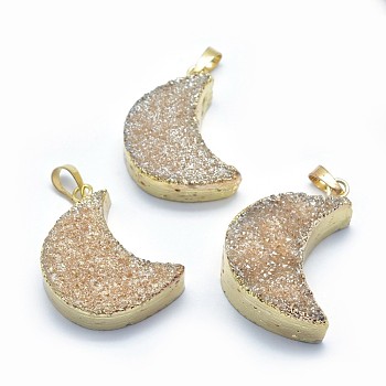Natural Quartz Pendants, with Golden Tone Brass Findings, Moon, Dyed, Antique White, 38~45x22~25x10~13mm, Hole: 5x8mm