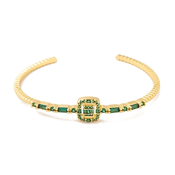 Brass Pave Green Glass Open Cuff Bangles for Women, Real 18K Gold Plated, Square, Inner Diameter: 2-1/4 inch(5.7cm), Square: 10x10mm