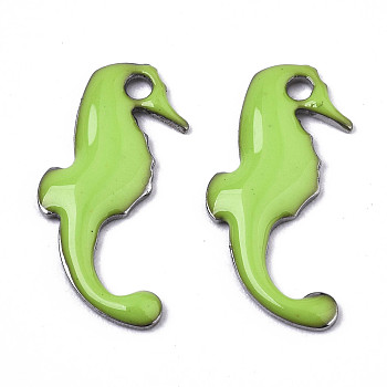 201 Stainless Steel Enamel Charms, Sea Horse, Stainless Steel Color, Green Yellow, 15x7x1mm, Hole: 1.2mm