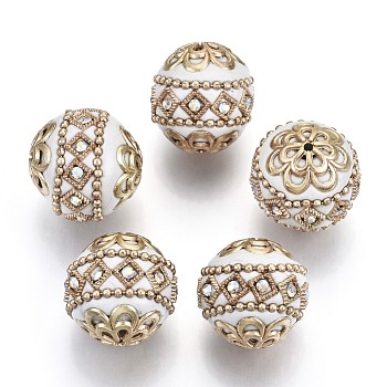 Handmade Indonesia Beads, with Metal Findings, Round, Light Gold, White, 19.5x19mm, Hole: 1mm